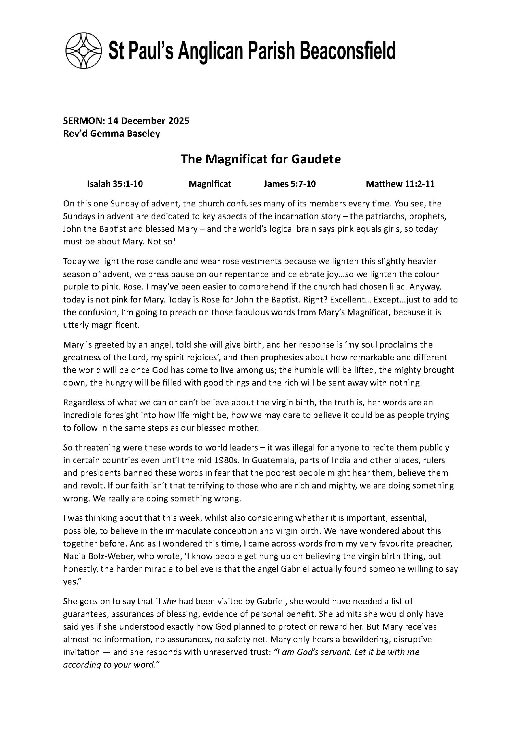 Sermon - 14 December 2025