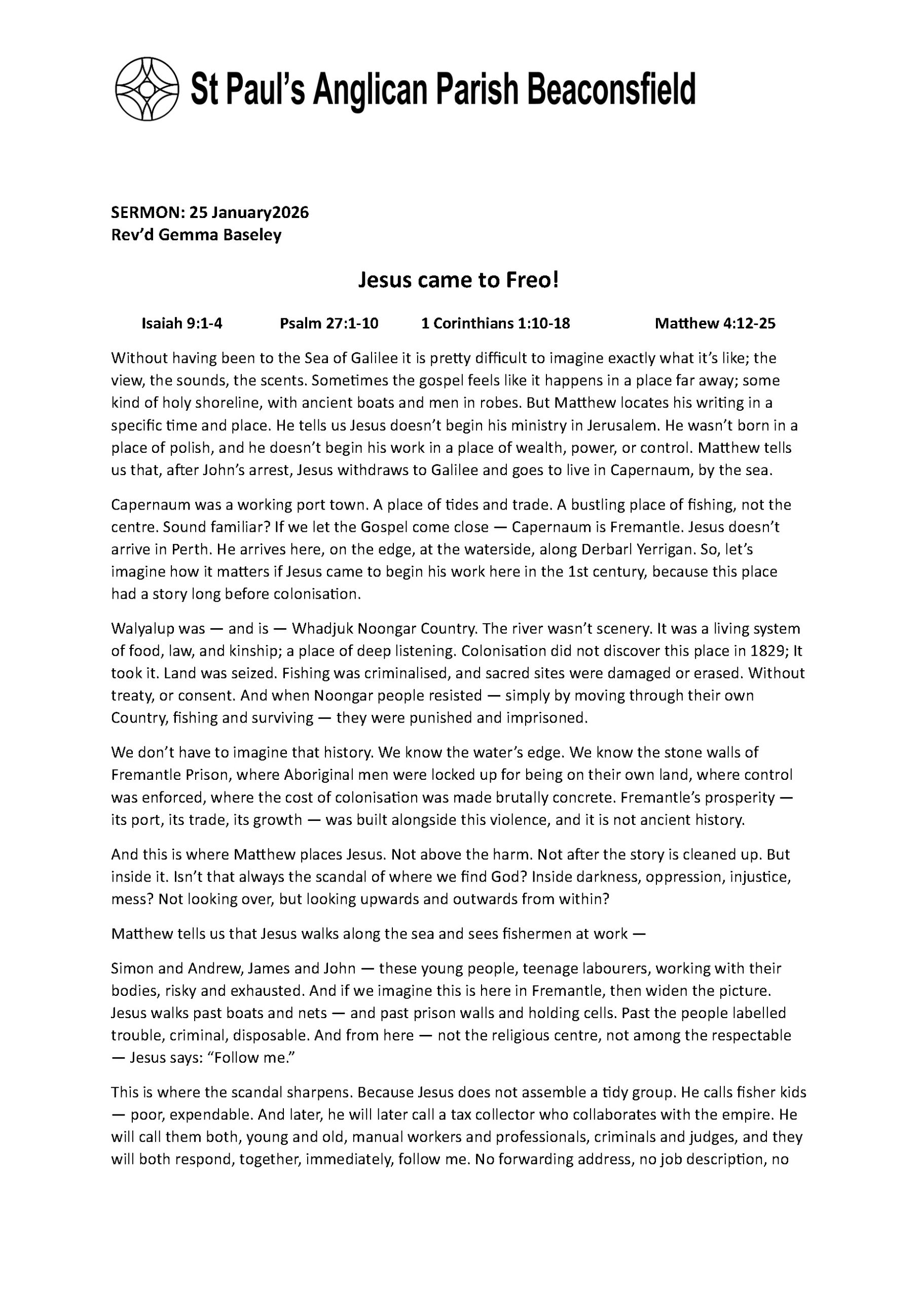 Sermon - 25 January 2026