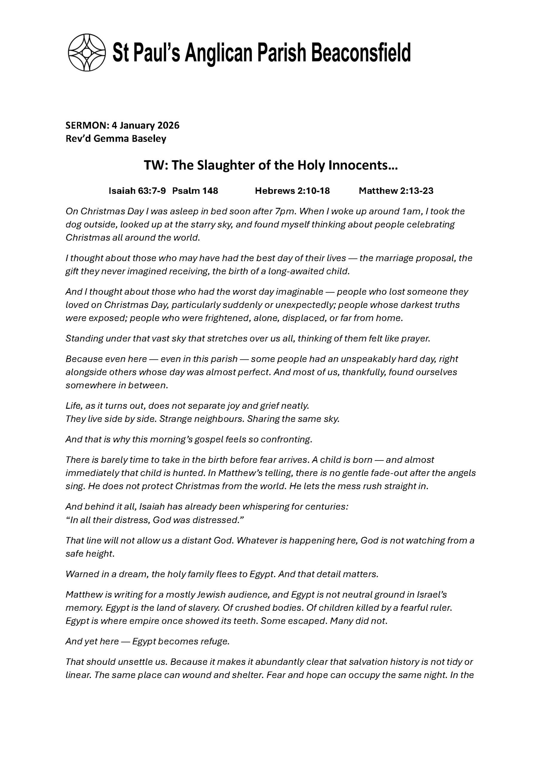 Sermon - 4 January 2026