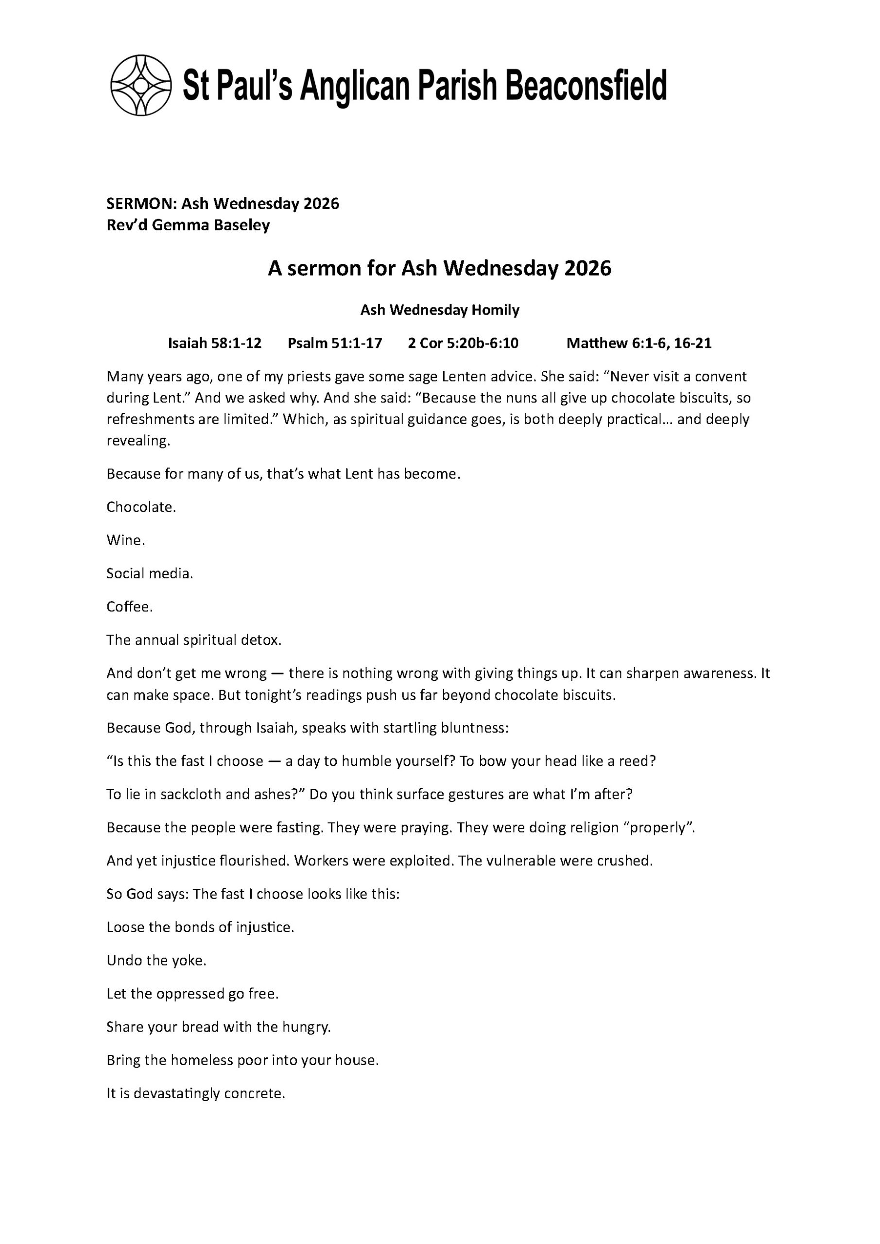 Sermon - Ash Wednesday 2026